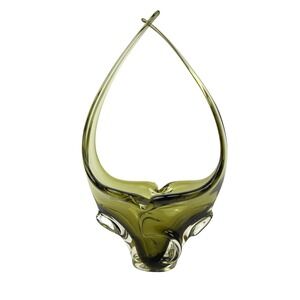 Vintage‎ MCM Chalet Hand-Blown Olive Art Glass Basket/Centerpiece Bowl 14"